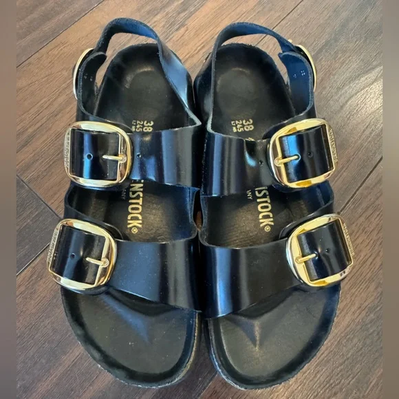 Birkenstock Black Sandals with Gold Buckles - Picture 1 of 7